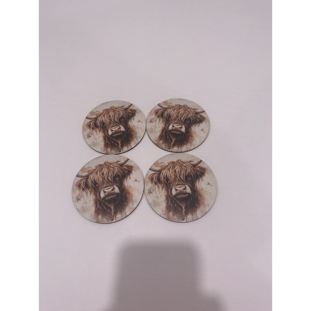 Set of 4 Highland Cow Wooden Coasters Farmhouse Rustic Western Cow Decor